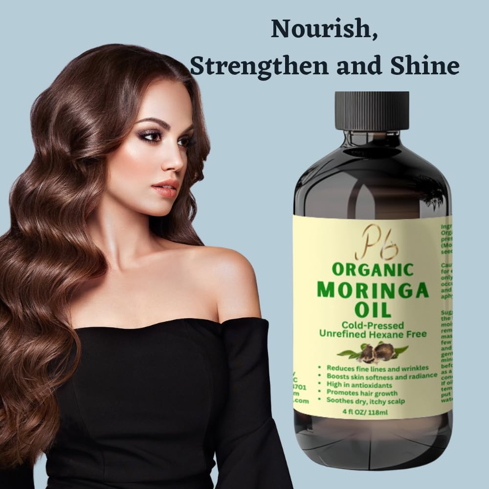 Premium Organic Cold-Pressed Moringa Oil, Unrefined & Nutrient-Rich for Skin, Hair & Body, Anti-Aging, Oil, Natural Moisturizer 4 fl Oz in Amber Glass Bottle.