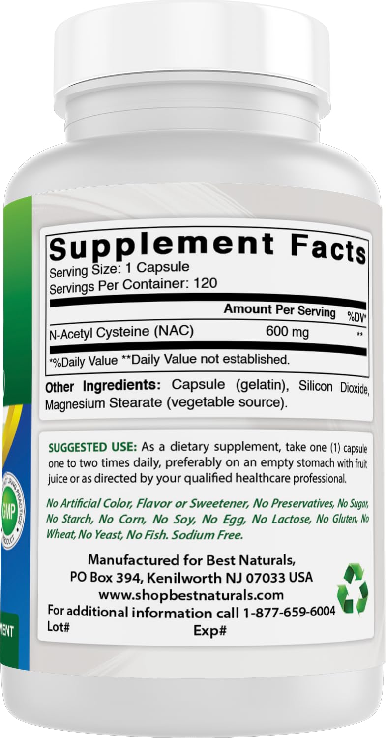 Best Naturals NAC - N Acetyl Cysteine 600 mg 120 Capsules - n Acetyl cysteine - Powerful antioxidant