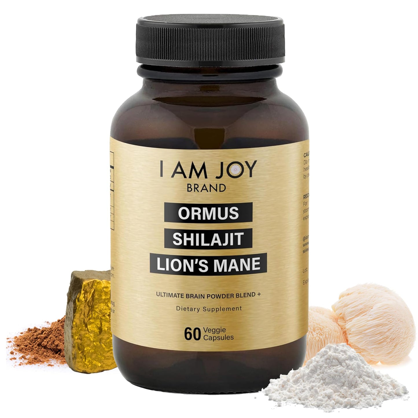 I Am Joy co. Ormus Shilajit Lion's Mane - Ultimate Brain Power! Monoatomic 24k Gold - The Only Blend of Its Kind for Energy, Memory, & Focus - 60 Vegan Capsules in Eco Friendly Glass