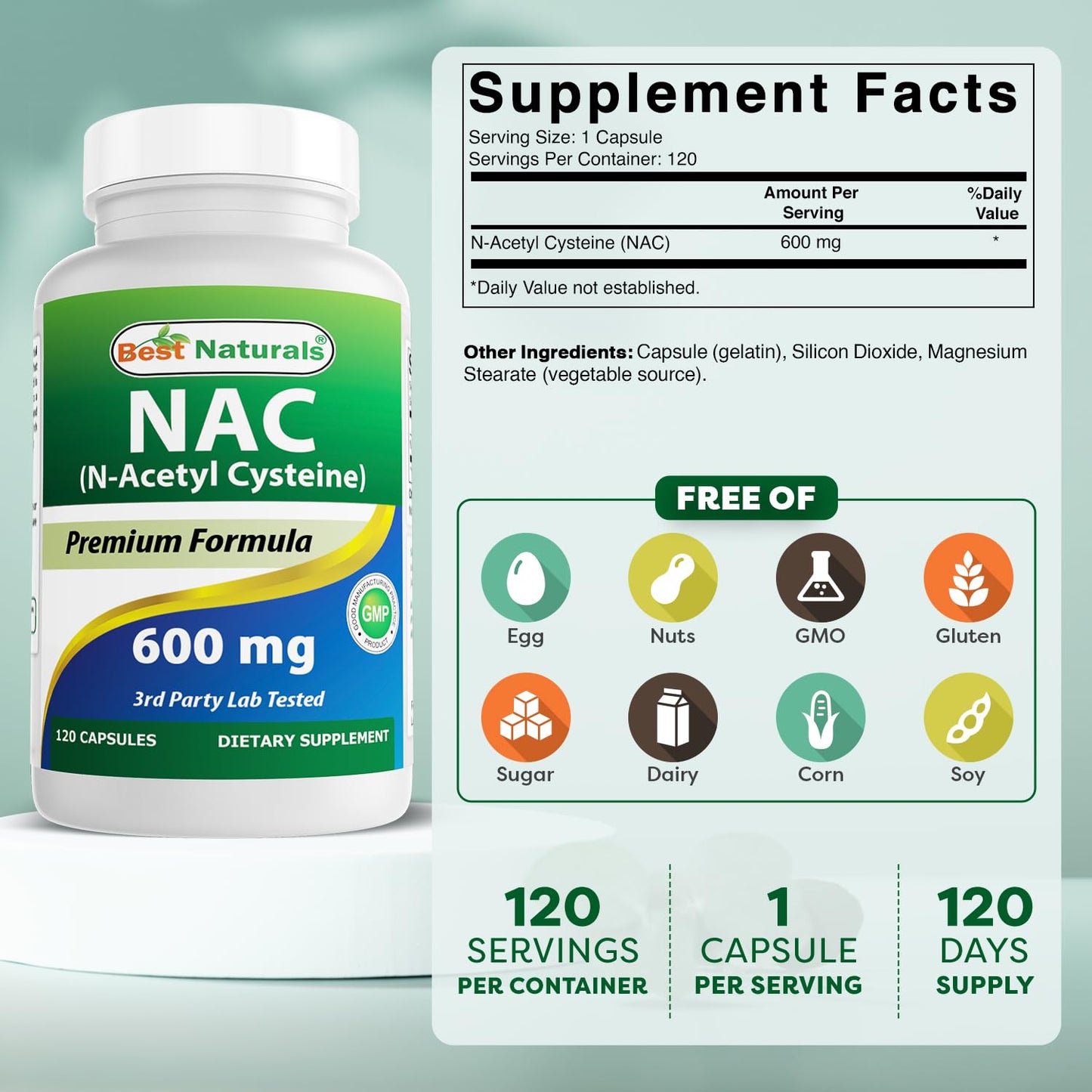 Best Naturals NAC - N Acetyl Cysteine 600 mg 120 Capsules - n Acetyl cysteine - Powerful antioxidant