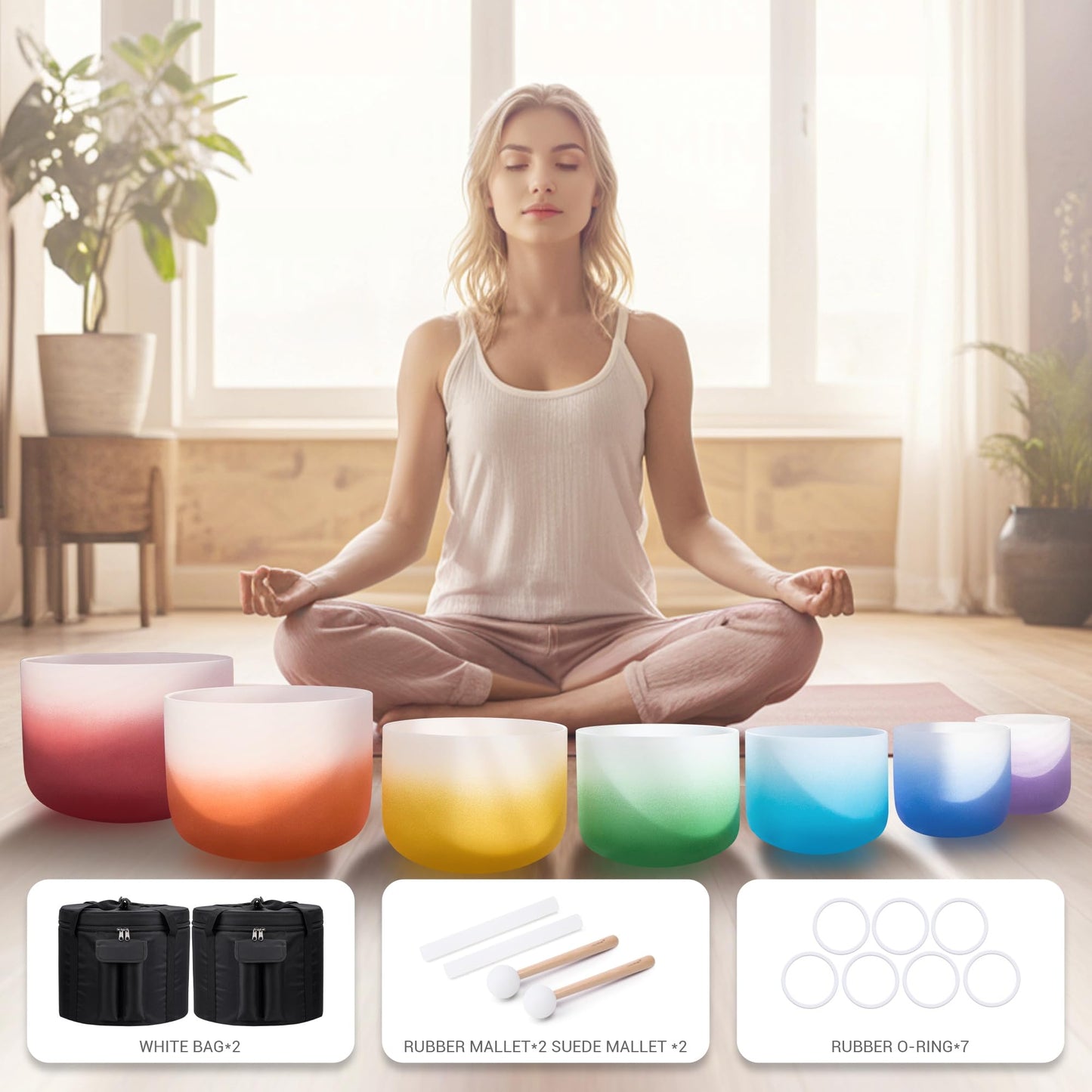 Sevenbowls Singing Bowls 432hz B Note 8-Inch Crystal Singing Bowl With A Free Mallet And O-Ring For Sound Healing, Meditation, Yoga, and Sound Baths