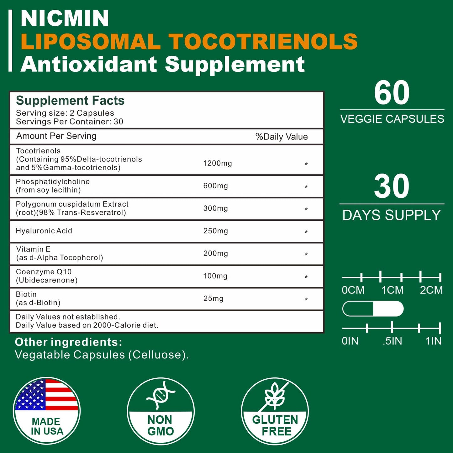 1200MG Vitamin E Tocotrienols Liposomal Tocotrienols Supplement with Phosphatidylcholine, 95% Delta-tocotrienols and 5% Gamma-tocotrienols, High Absorption for Heart, Brain Function 60 Capsules