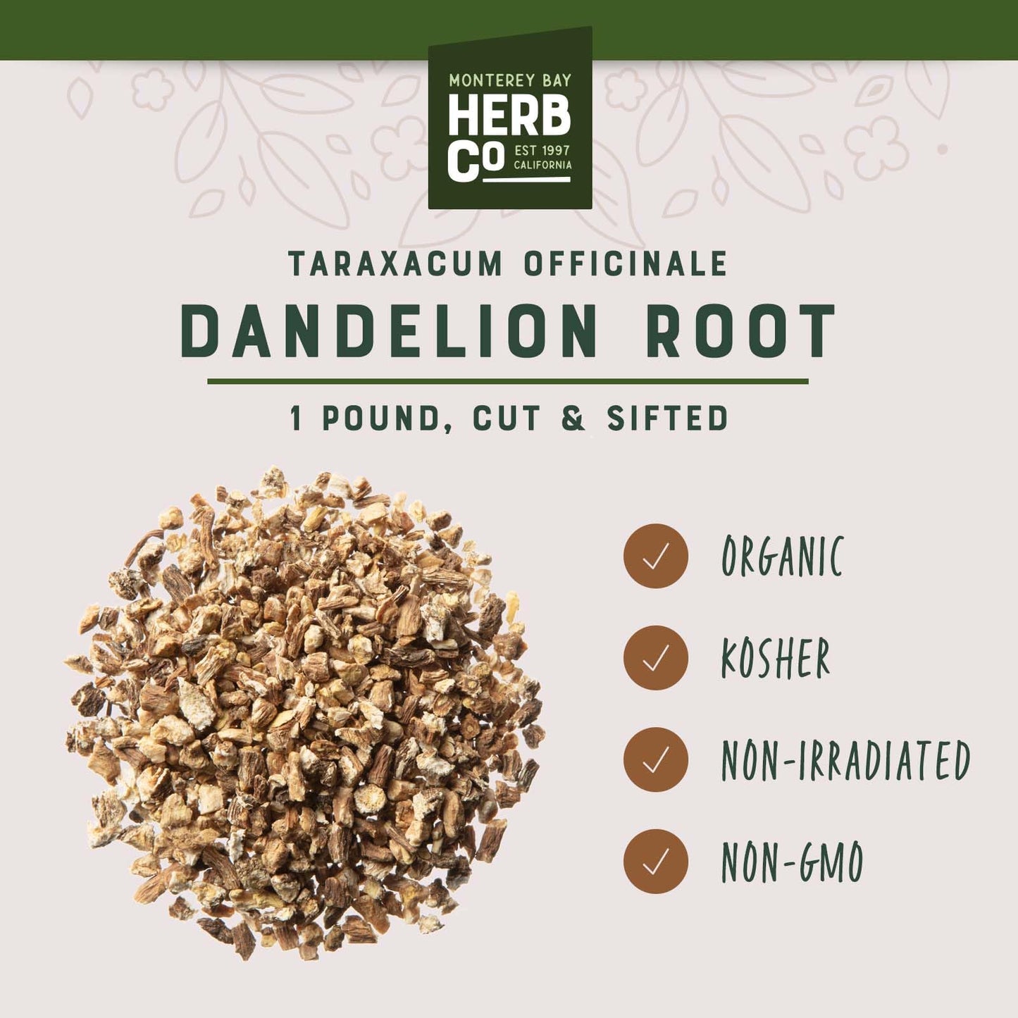 Monterey Bay Herb Co. USDA Organic Dandelion Root Cut & Sifted | 1lb Bulk | Roasted Herbal Tea & Coffee Alternative | Earthy Flavor for Brewing & Crafting | Non-GMO