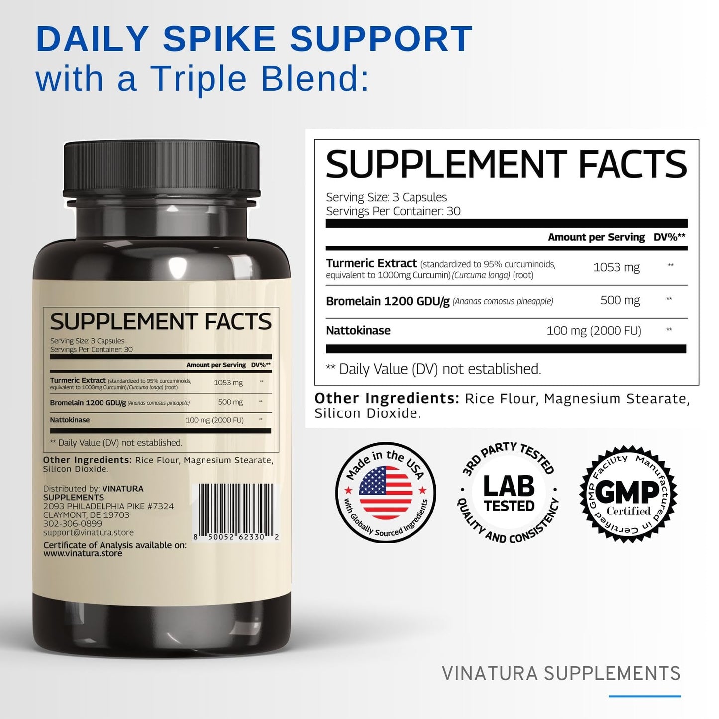 VINATURA Spike Protein Detox - Curcumin 1000 mg, Bromelain 500 mg, Nattokinase 2000 FU - Enzyme Complex for Detox & Protein Balance, Ultimate Spike Support Supplement - 90 Capsules