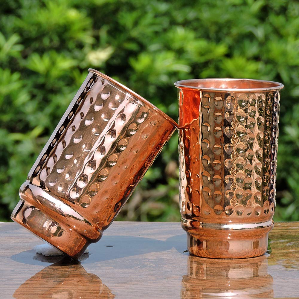 HealthGoodsIn Pure Copper Cups Set of 2 - Hammered Copper Tumblers and Copper Cups for water 11.8 oz (350 mL), Ayurvedic Copper Cups for Daily Use