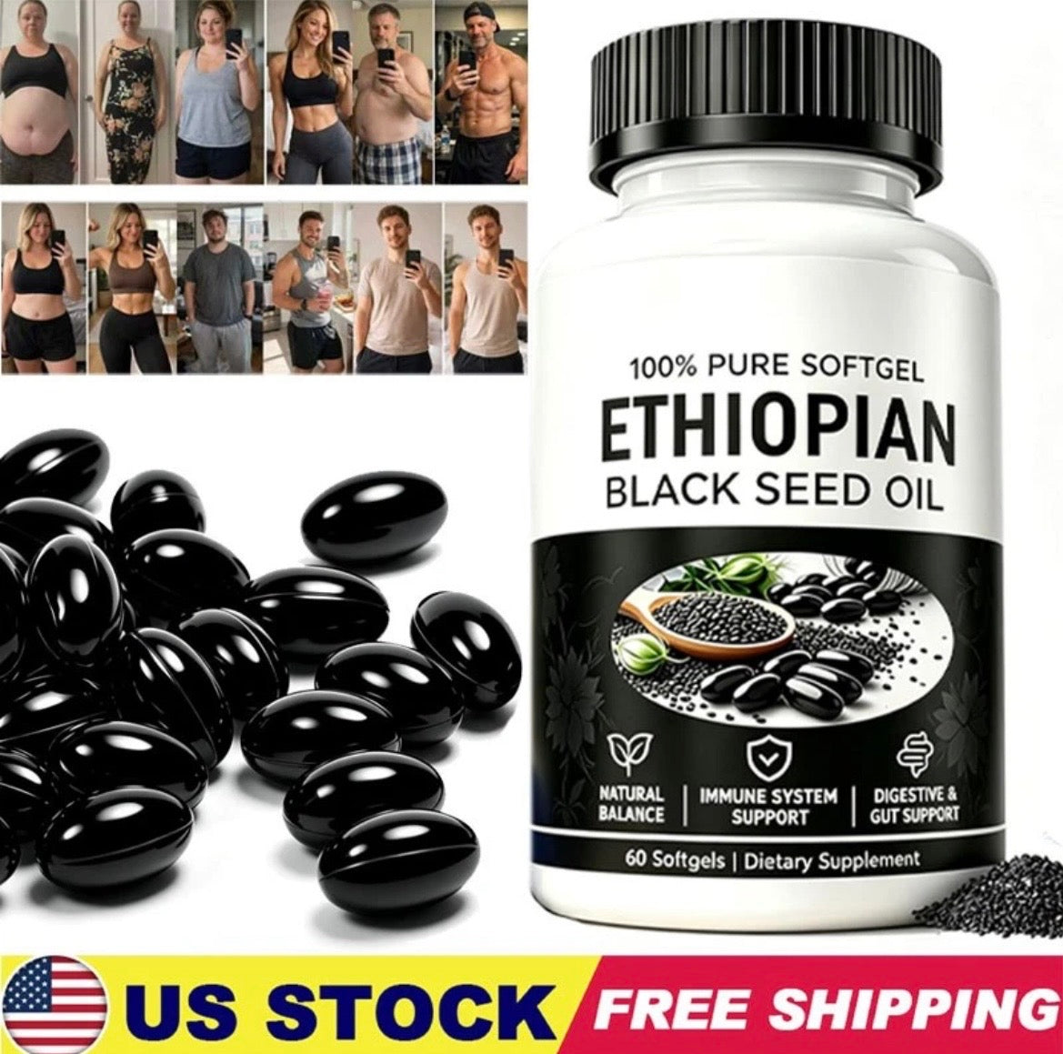 Ethiopian Black Seed Oil Capsules 4.64% Thymoquinone Purely Nutrient Fights Cell Damage, Reduces Inflammation, Fights Cancer Cells, Supports Immune Health.