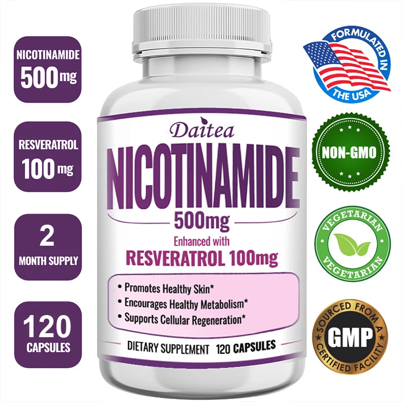 Daitea Vitamin B3 Niacinamide Resveratrol Supplement Capsules, Benefits Skin Health, NAD, Energy, Metabolism