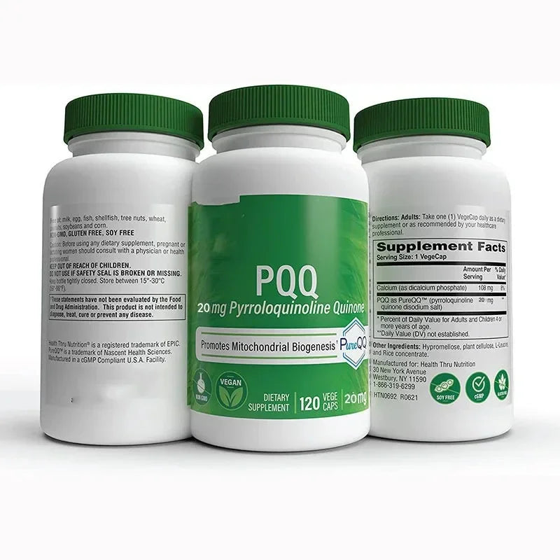 PQQ Promotes Mitochondrial Biogenesis Enhances Energy Provides Cell Vitality, Improves Attention Memory, Increase Blood Flow to Cerebal Cortex, Improves Mitochondrial Function Protects Nerves From Neurotoxins.