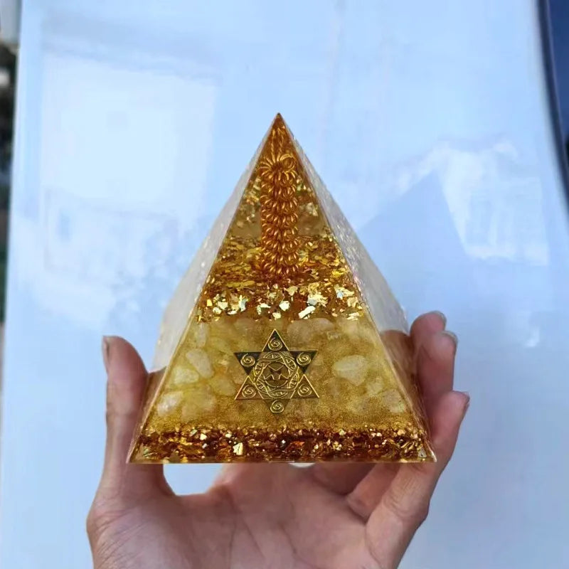 Citrine Energy Resin Zodiac Pyramid Gold Suction Natural Crystal Orgonite Great For Manifesting Laws of Attraction Removes Negative Energy.