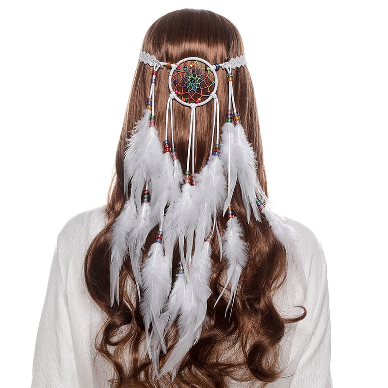 Haimeikang Bohemian Hippie Headband Dream Catcher Feather Headdress Fashion Peacock Feather Headbands Hair Accessories