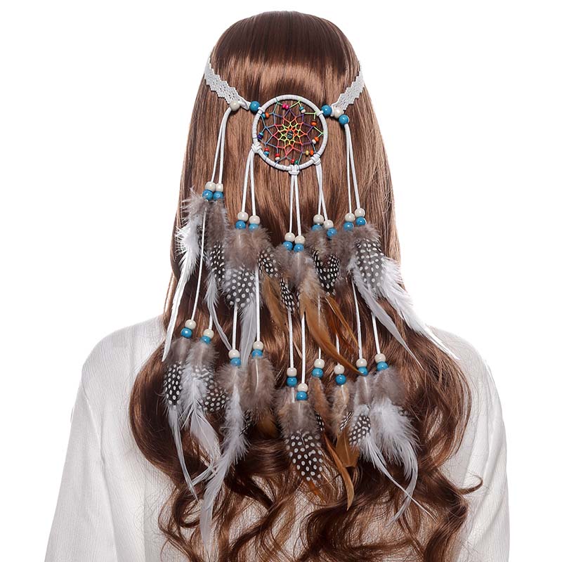 Haimeikang Bohemian Hippie Headband Dream Catcher Feather Headdress Fashion Peacock Feather Headbands Hair Accessories