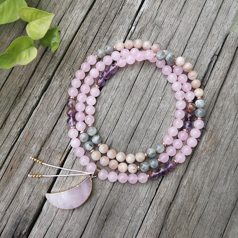 8mm Natural Stone Beads,Labradorite,Rose Quartz,Moon,JapaMala Sets,Spiritual Jewelry,Meditation,Inspirational,108 Mala Beads