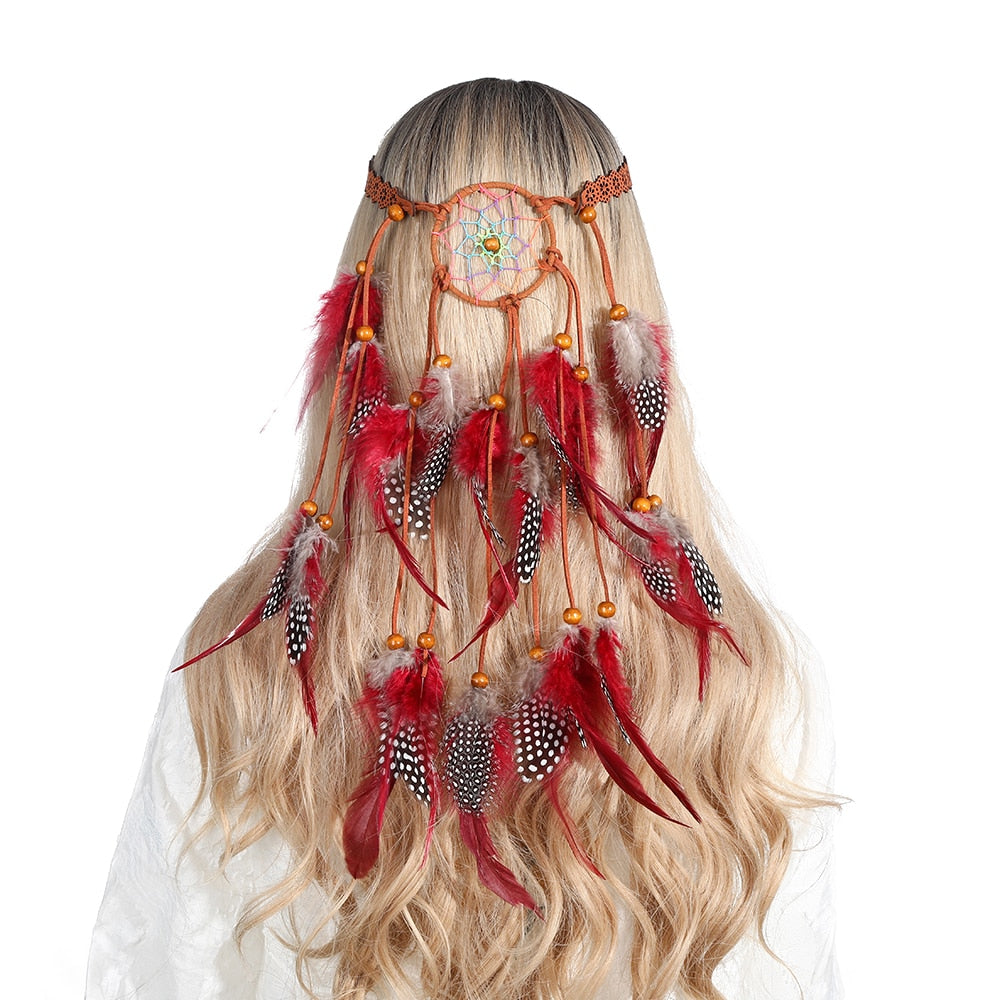 Haimeikang Bohemian Hippie Headband Dream Catcher Feather Headdress Fashion Peacock Feather Headbands Hair Accessories