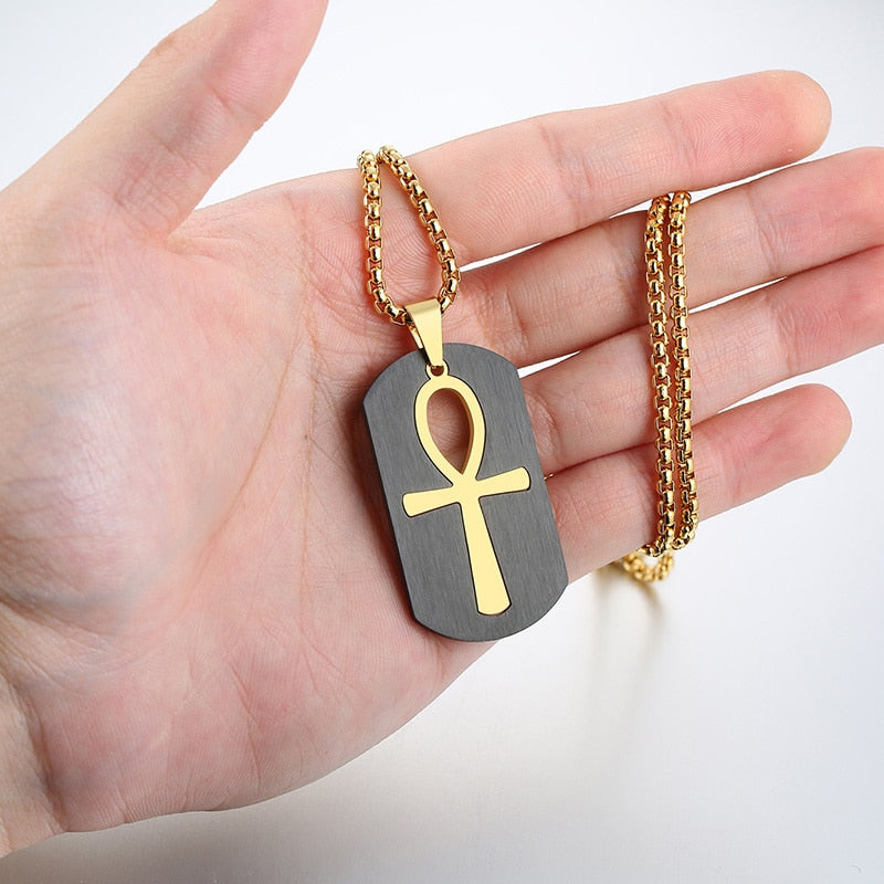 Vnox Removable Ankh Cross Necklace for Men Gold Tone Stainless Steel Cut Out Crux Ansata Key To Life Egypt Pendant Box Chain 24"