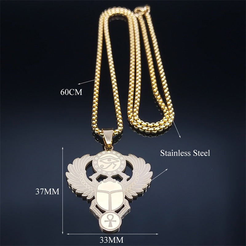 Egyptian Scarab Eye of Ra Horus Symbol Necklaces Stainless Steel Gold Color Ankh Key Of Life Necklace Jewelry collares N2336S01