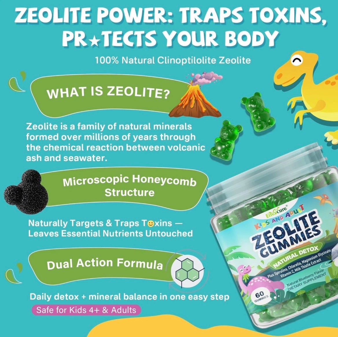 Zeolite Detox Kids Gummies Sugar Free with Spirulina Chlorella  & Milk Thistle 120Cts Kids Chelation Therapy.