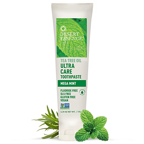 Desert Essence Natural Tea Tree Oil Ultra Care Toothpaste - Mega Mint - 6.25 Oz - Helps Soothe Gums & Reduce Plaque - Freshens Breath & Cleans Teeth - Oral Care - Defends Against Sugar Acids