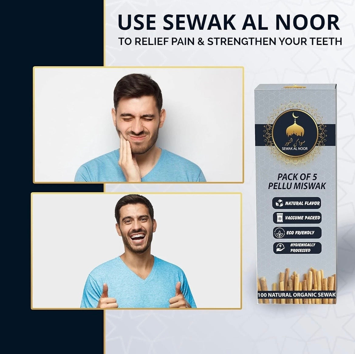 Pack of 5 Miswak Sticks for Teeth with 1 Holder - Vacuum Sealed Natural Flavored