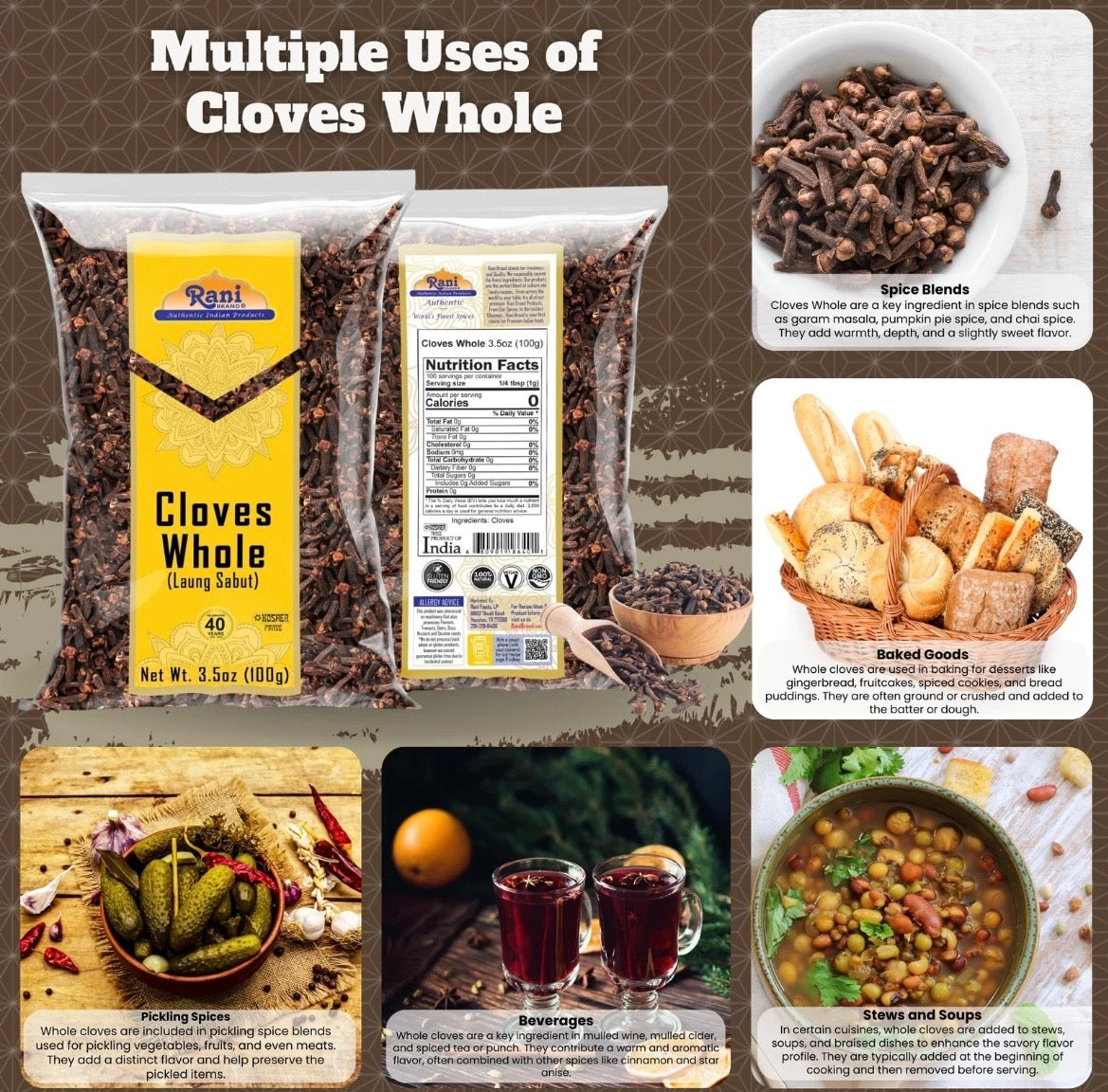 Whole Cloves High in Antioxidants: Cloves contain large amounts of eugenol, a natural compound that fights free radicals and lowers oxidative stress in the body Rani 3.5oz (100g)