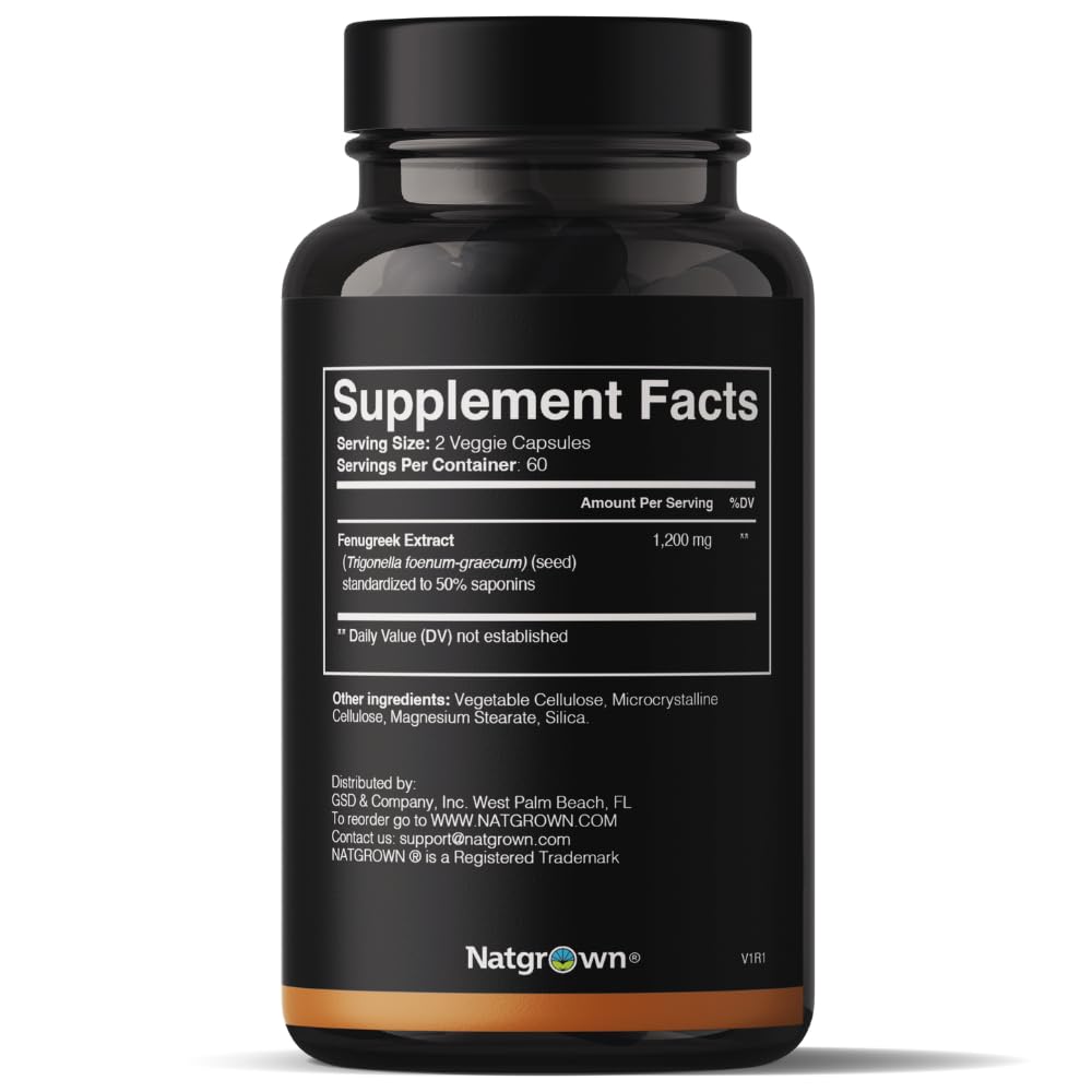 Natgrown Fenugreek Extract Capsules for Men 1,200 mg | Fenogreco - 50% Saponins Extract Supplement | Vegan, Gluten Free - 120 Capsules