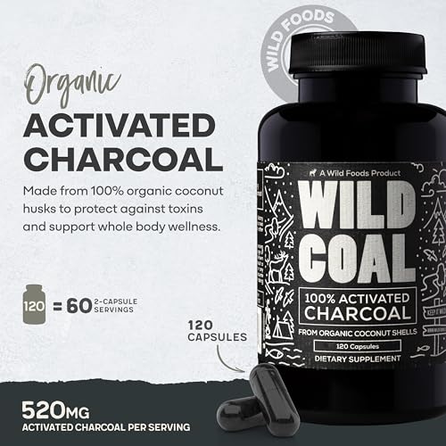 Wild Foods Activated Charcoal Capsules | 100% Organic Coconut Shells Active Tablets for Bloating & Hangover | Lab Tested & Non-GMO Detox Pills | Made in USA (120 Capsules)