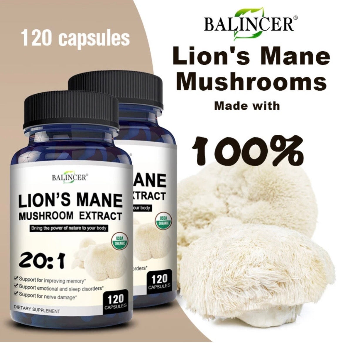 Organic Lion's Mane Capsules | Pure Lion's Mane 20:1 Strength Extract Regenerates Damaged Neurons Reduces Brain Fog & Decalcifies & Activates the Pineal Gland.