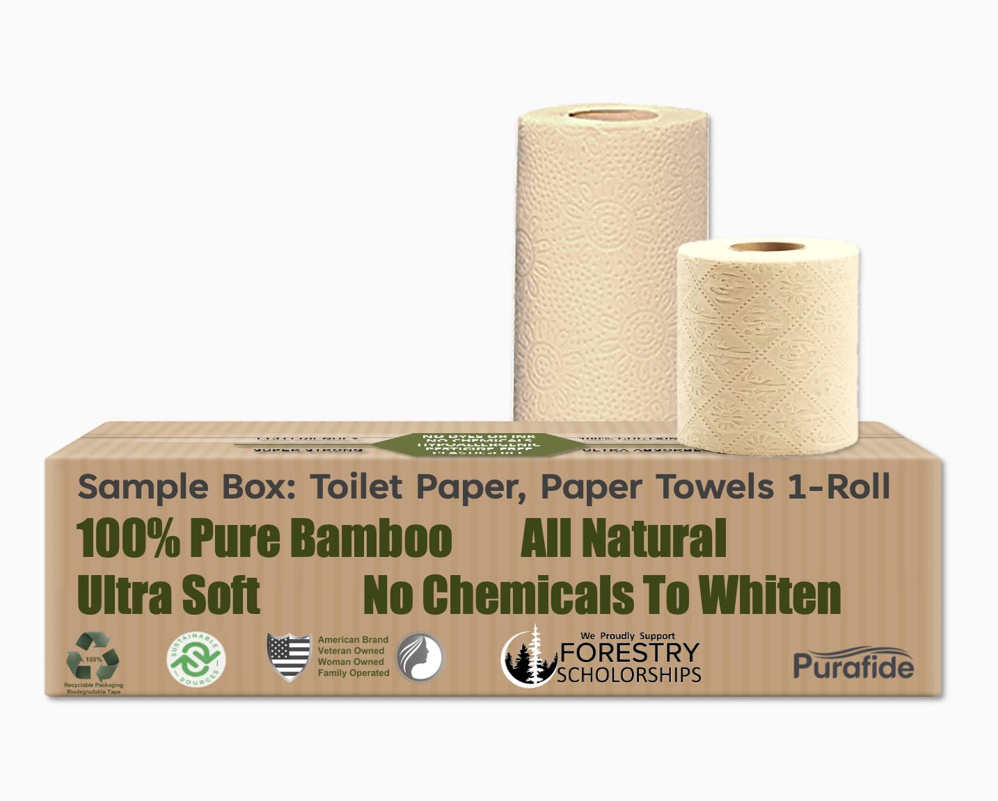 100% Bamboo, thick 3-ply toilet paper, tree-tree, unbleached, all natural, no chemicals 300 sheets per roll.