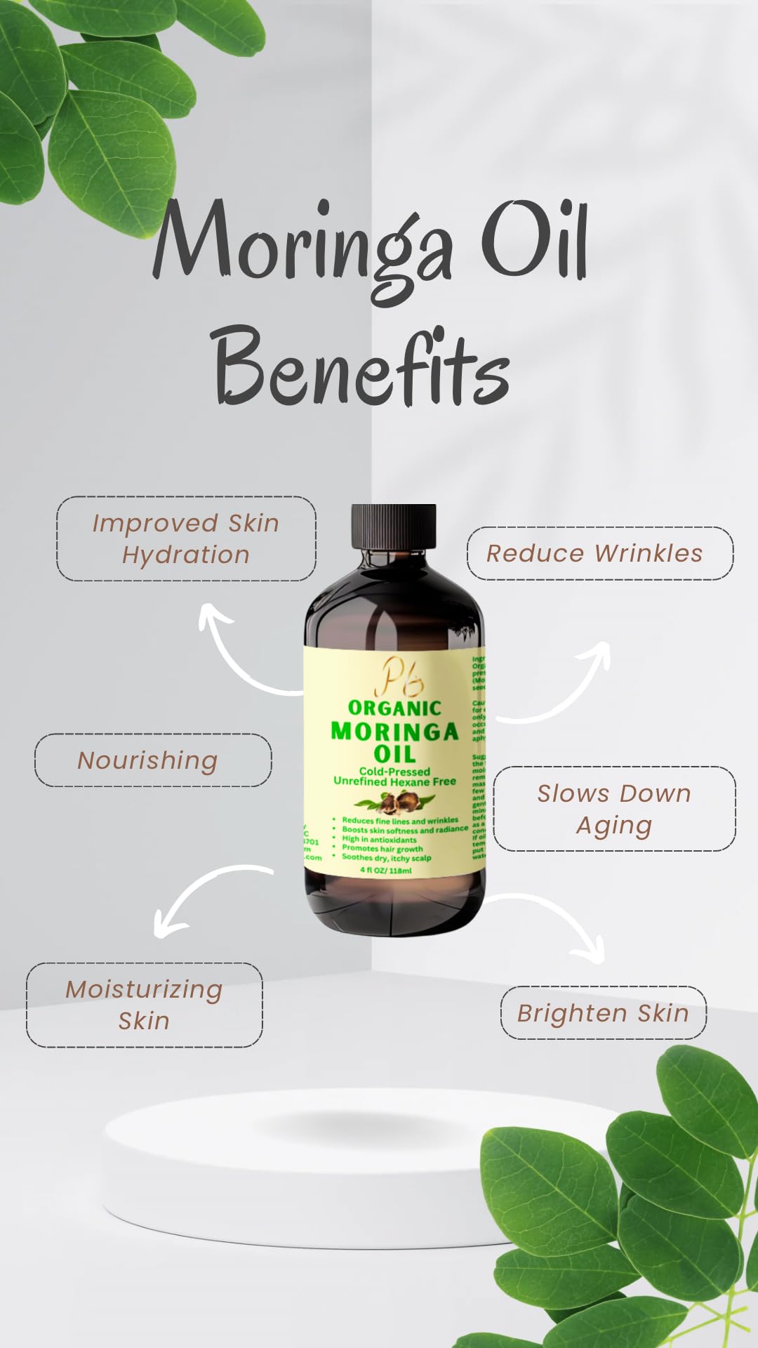 Premium Organic Cold-Pressed Moringa Oil, Unrefined & Nutrient-Rich for Skin, Hair & Body, Anti-Aging, Oil, Natural Moisturizer 4 fl Oz in Amber Glass Bottle.