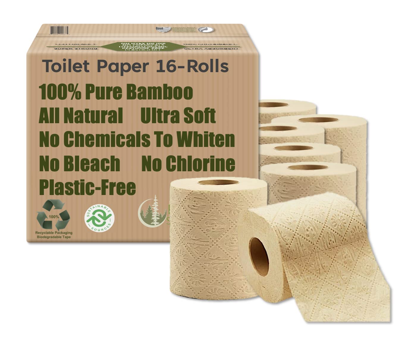 100% Bamboo, thick 3-ply toilet paper, tree-tree, unbleached, all natural, no chemicals 300 sheets per roll.