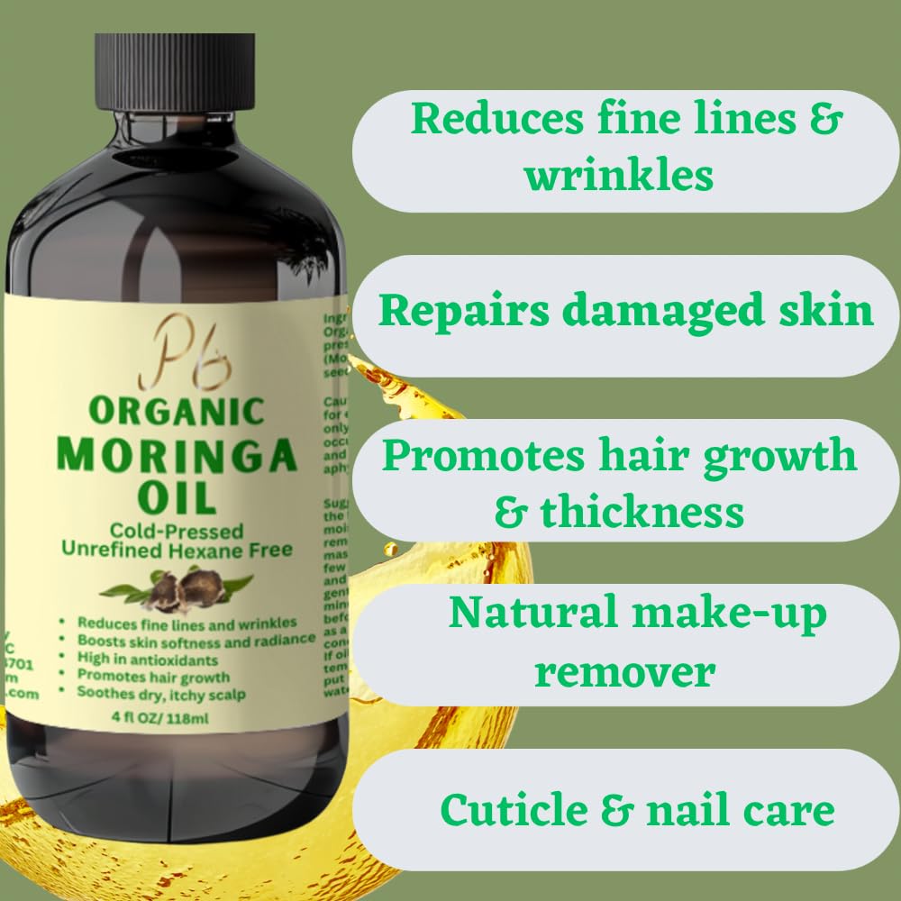 Premium Organic Cold-Pressed Moringa Oil, Unrefined & Nutrient-Rich for Skin, Hair & Body, Anti-Aging, Oil, Natural Moisturizer 4 fl Oz in Amber Glass Bottle.