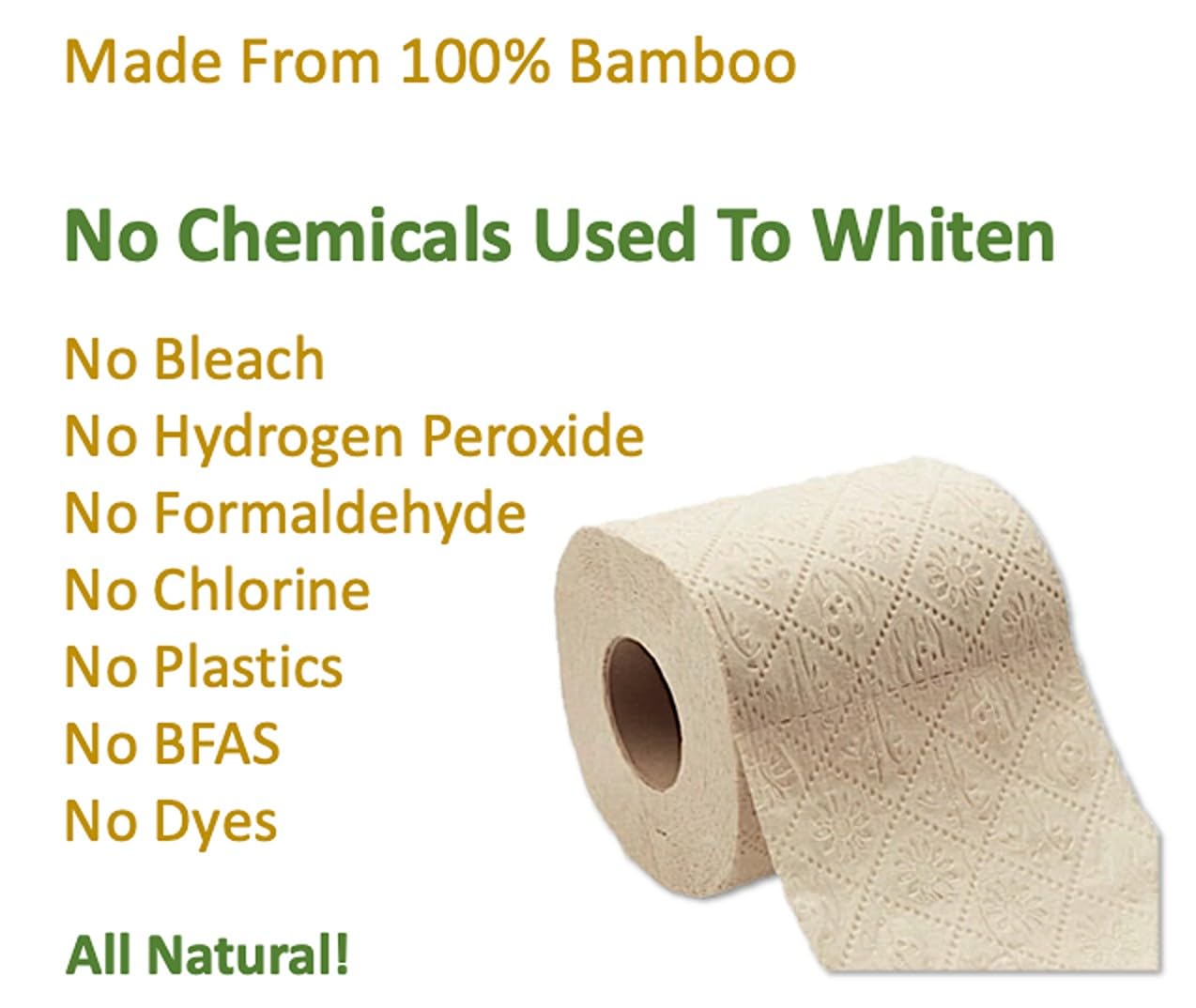 100% Bamboo, thick 3-ply toilet paper, tree-tree, unbleached, all natural, no chemicals 300 sheets per roll.