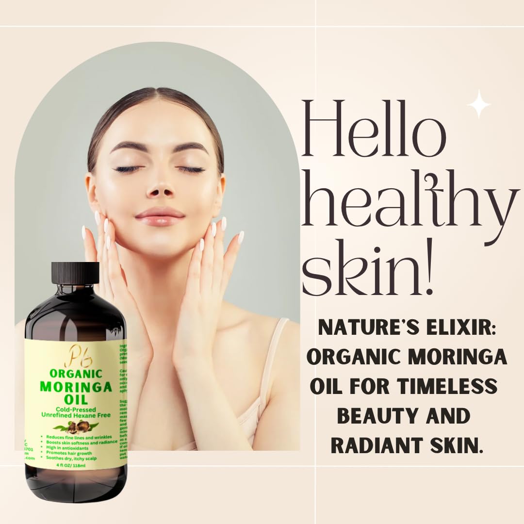 Premium Organic Cold-Pressed Moringa Oil, Unrefined & Nutrient-Rich for Skin, Hair & Body, Anti-Aging, Oil, Natural Moisturizer 4 fl Oz in Amber Glass Bottle.