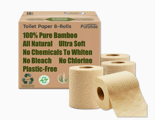 100% Bamboo, thick 3-ply toilet paper, tree-tree, unbleached, all natural, no chemicals 300 sheets per roll.