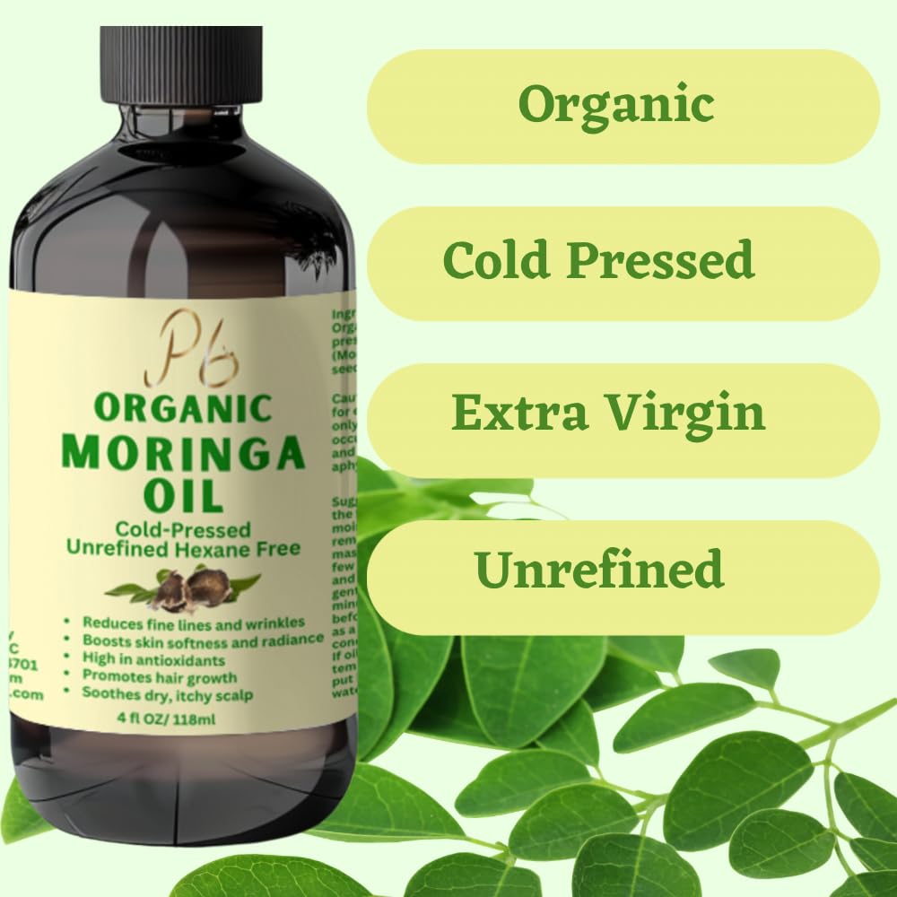 Premium Organic Cold-Pressed Moringa Oil, Unrefined & Nutrient-Rich for Skin, Hair & Body, Anti-Aging, Oil, Natural Moisturizer 4 fl Oz in Amber Glass Bottle.