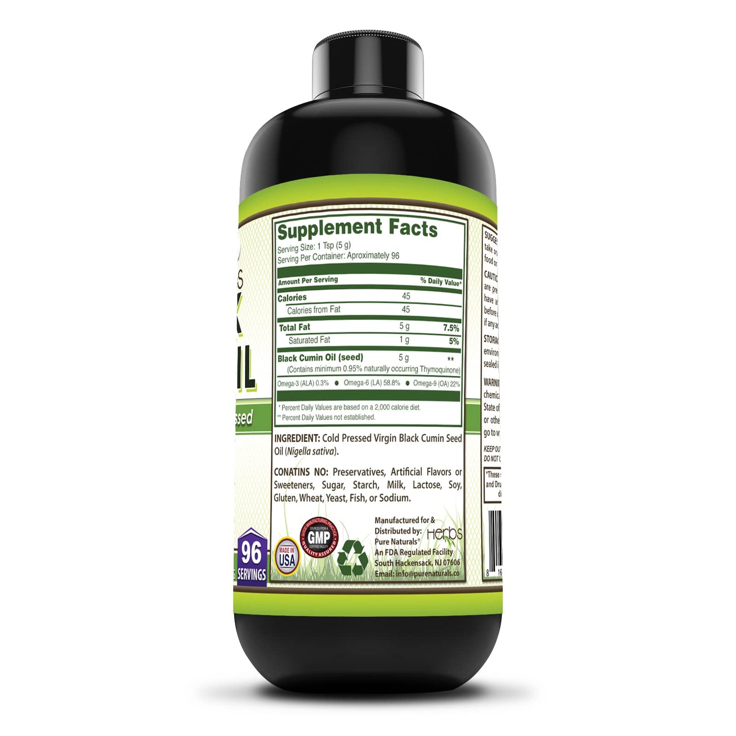 Organic Black Seed Oil Supplement | 16 Oz | 5 G Per Serving | 96 Servings Per Bottle | Non-GMO |Gluten-Free |Fights Cancer