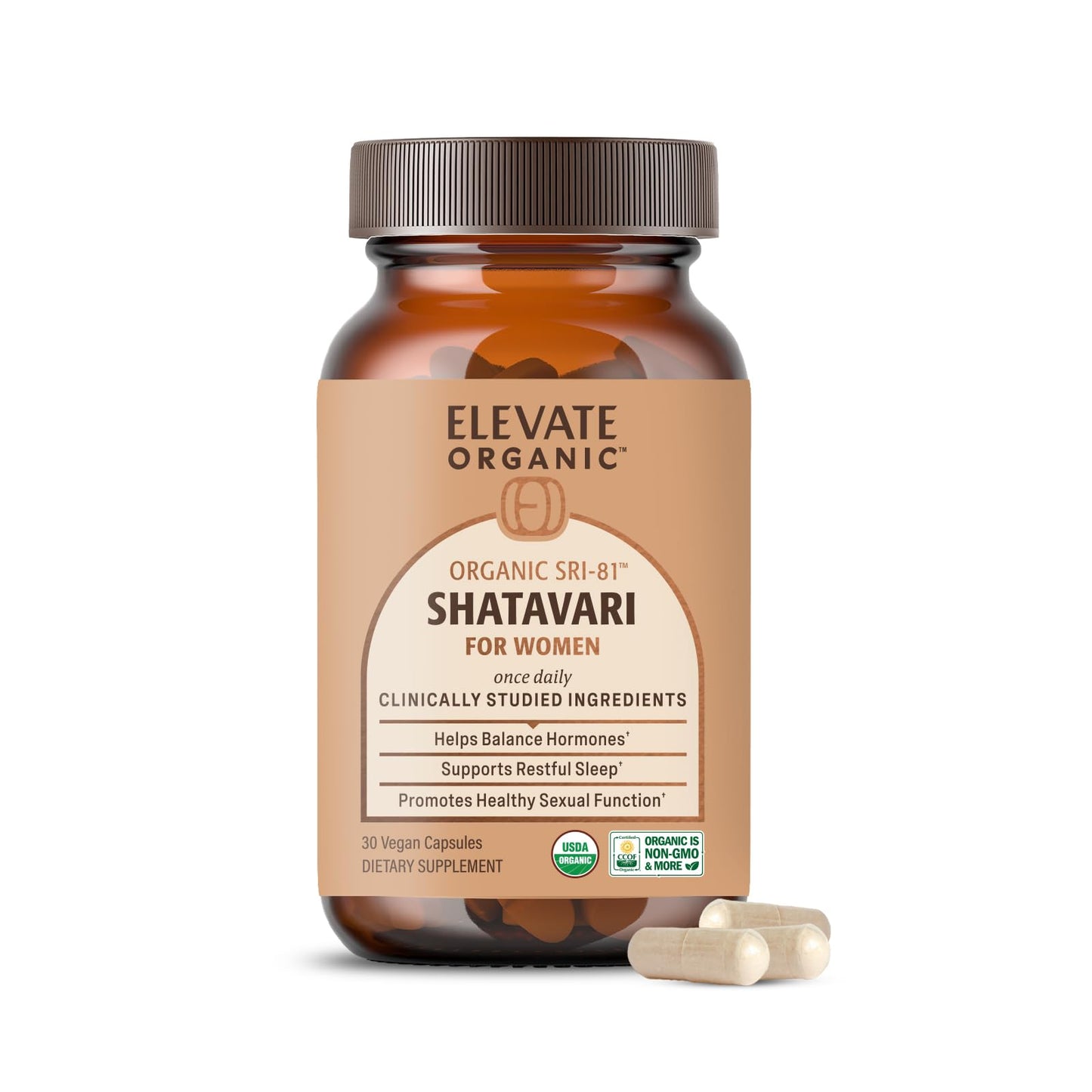 ELEVATE ORGANIC SRI-81™ Shatavari Vegan Capsules for Women, Asparagus racemosus Root Extract with Acti Veda™ (30 Servings)