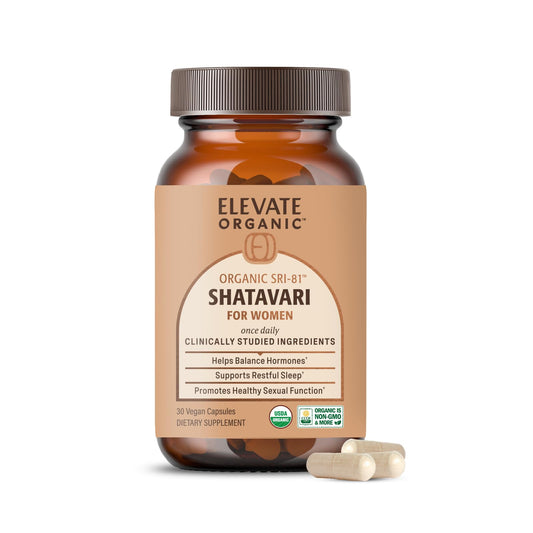 ELEVATE ORGANIC SRI-81™ Shatavari Vegan Capsules for Women, Asparagus racemosus Root Extract with Acti Veda™ (30 Servings)