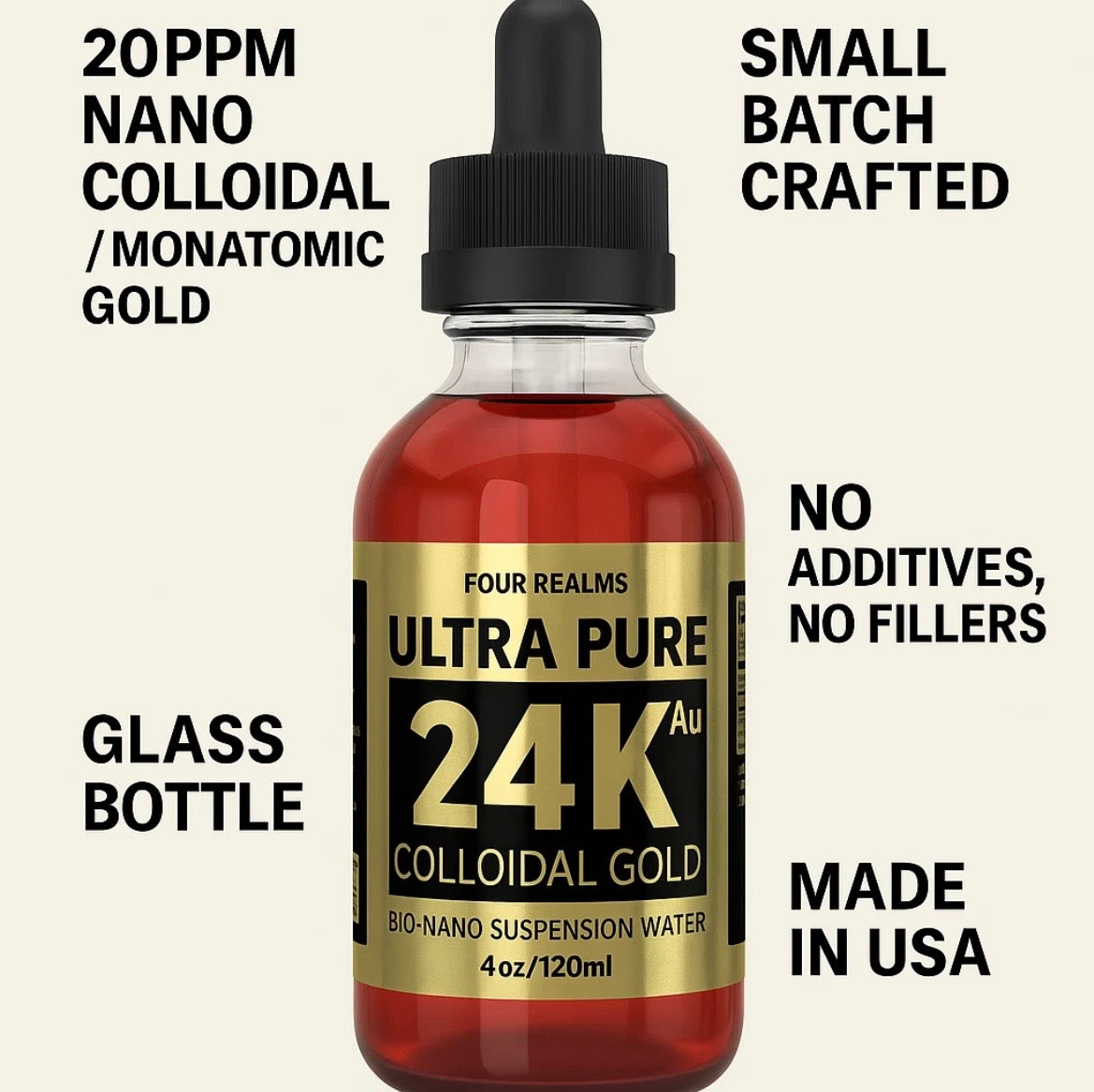 COLLOIDAL GOLD 24K Liquid Gold ORMUS MONATOMIC FourRealms MONATOMIC GOLD LIQUID DNA REGENERATION