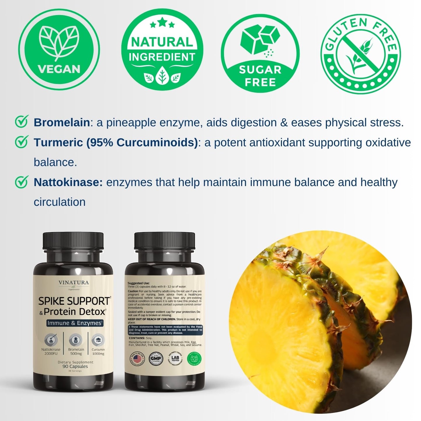 VINATURA Spike Protein Detox - Curcumin 1000 mg, Bromelain 500 mg, Nattokinase 2000 FU - Enzyme Complex for Detox & Protein Balance, Ultimate Spike Support Supplement - 90 Capsules