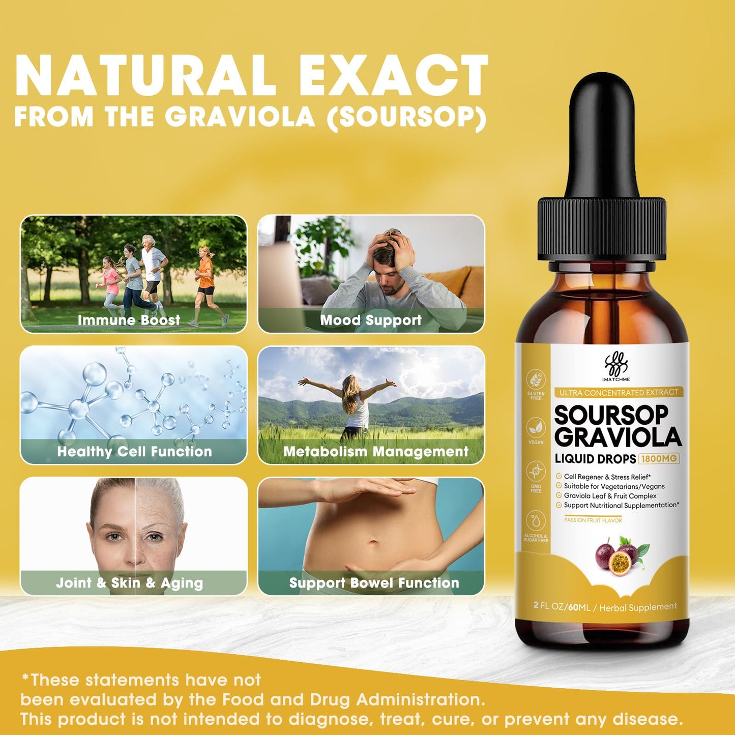 iMATCHME Soursop Graviola Liquid Drop for Cell Support & Regeneration, Immune Boost, Relax, Liver and Sleep, Soursop Bitters Liquid, Herbal Goodness, Sugar/Gluten Free, Natural Flavor, 2 Fl Oz