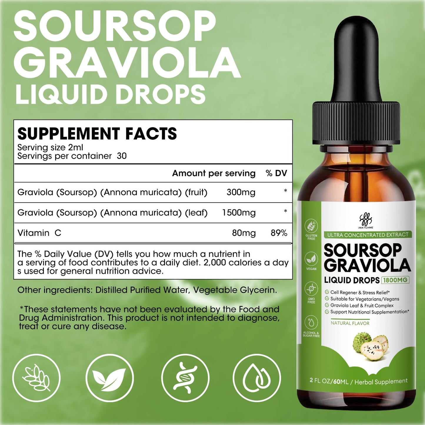 iMATCHME Soursop Graviola Liquid Drop for Cell Support & Regeneration, Immune Boost, Relax, Liver and Sleep, Soursop Bitters Liquid, Herbal Goodness, Sugar/Gluten Free, Natural Flavor, 2 Fl Oz