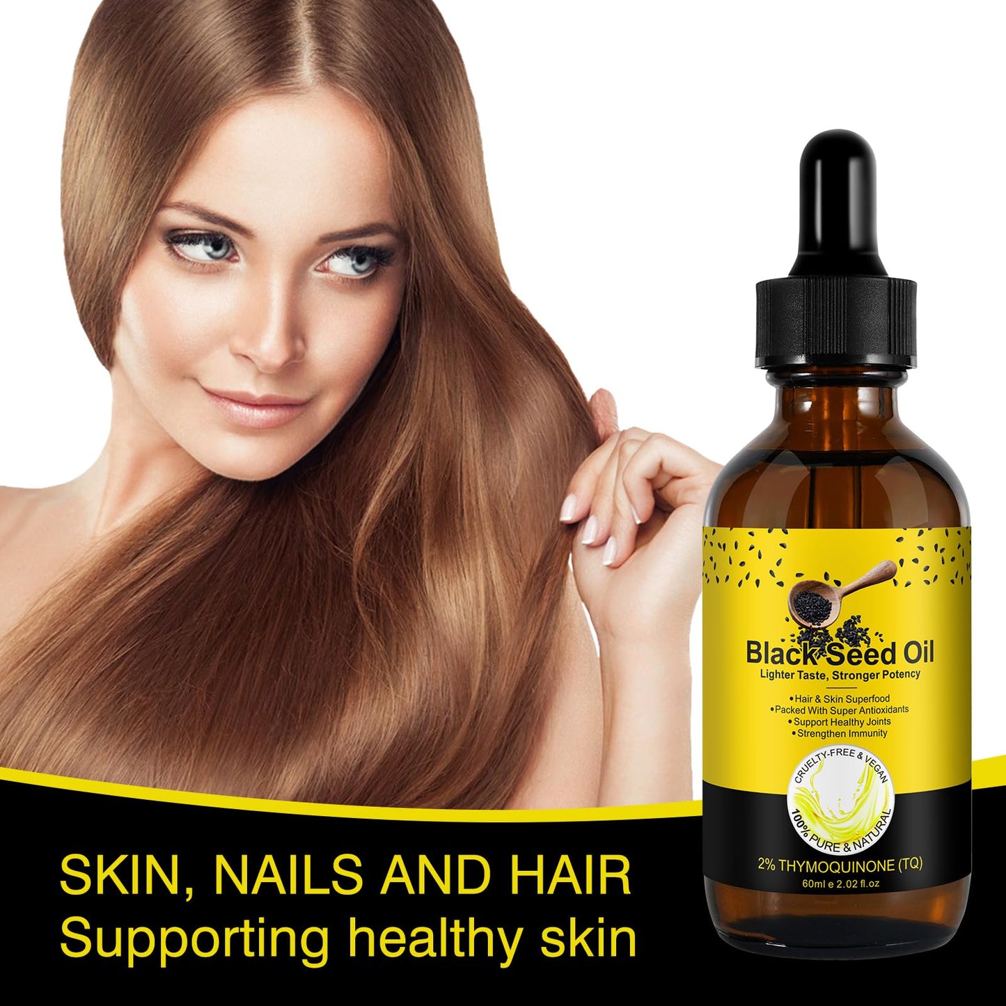 Black Seed Oil Organic Cold Pressed, 100% Pure and Natural Liquid, Enriched with High TQ & Dynamic Harmony of Omegas 3 6 9, Hair Growth, Skin Cares, Nourishes and Hydrates Hair