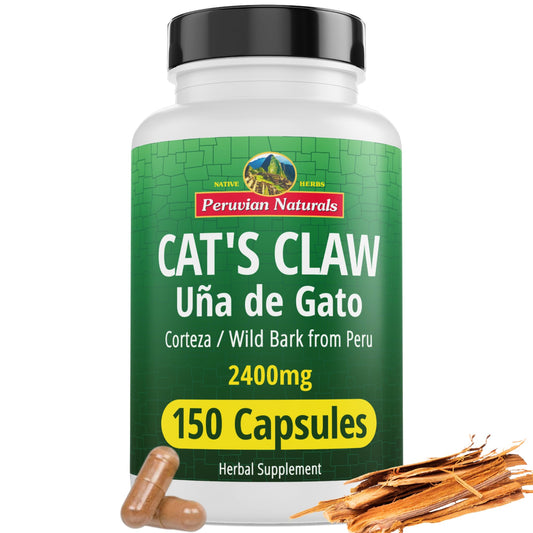 Peruvian Naturals Cat's Claw Herbal Supplement 150 Capsules - Uña de Gato 2400mg of Vegan, 100% Natural Cats Claw Bark Grown in Peru, Non-GMO, Uncaria Tomentosa UNA de Gato