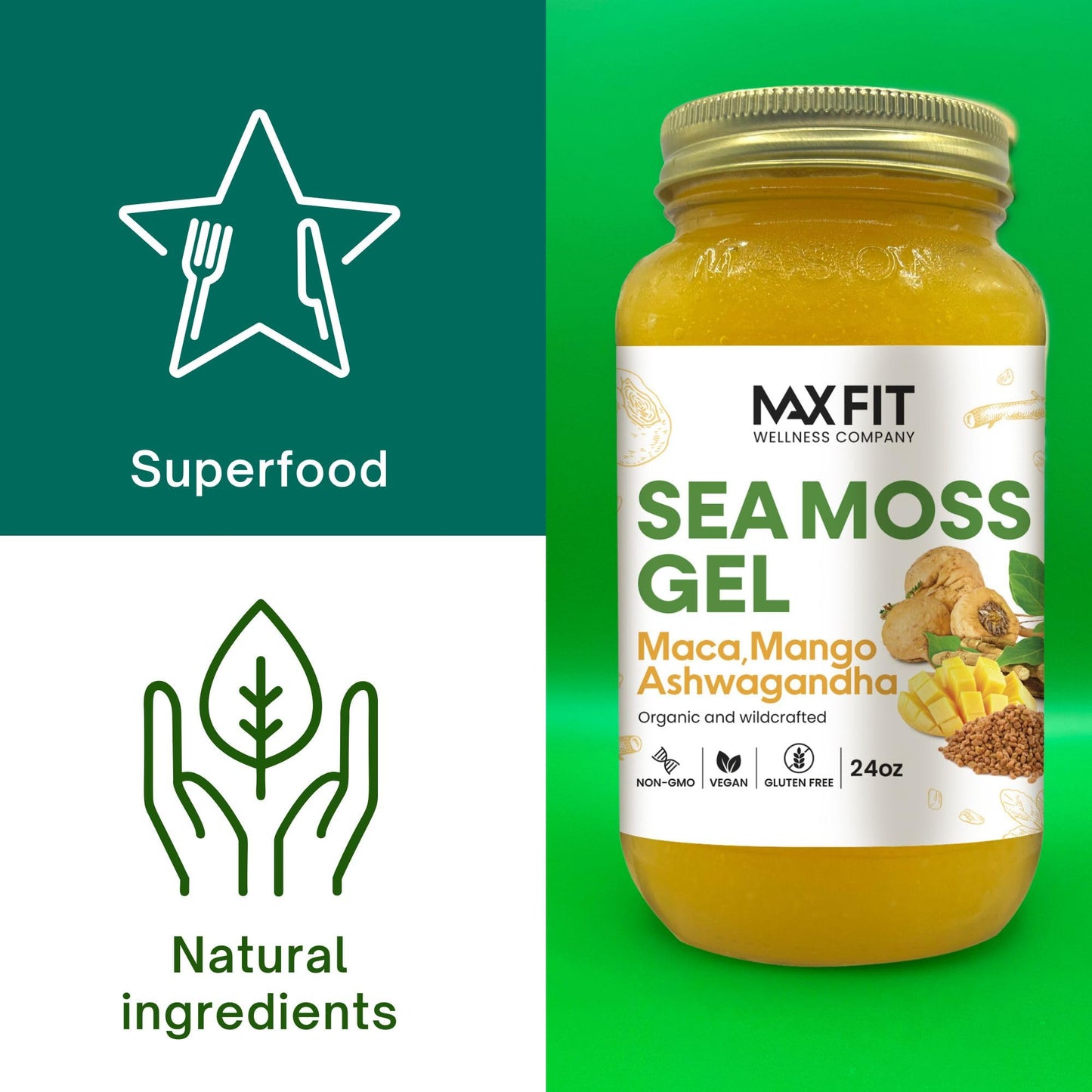 Sea Moss Gel Organic Raw (12 Flavors) 24oz Wildсrafted Gold Sea Moss Gel from Saint Lucia | 92 Vitamins and Minerals | Pure Raw+Non-GMO | Vegan Superfood