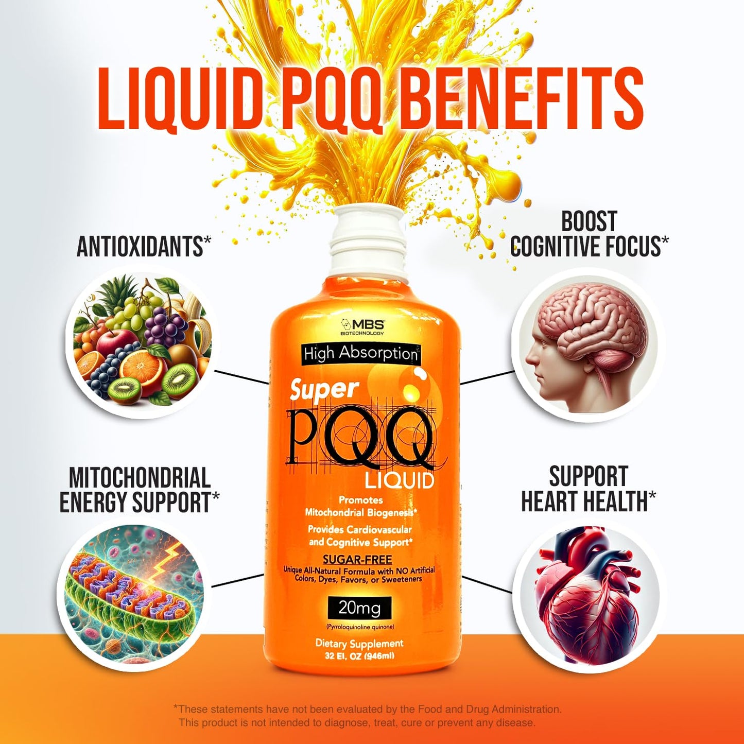 Cellular Biotechnology - Super PQQ Liquid - Highly Absorbable Pyrroloquinoline Quinone 20 Milligram, Best Liquid PQQ for Mitochondrial Biogenesis 🧬Supports Heart Health, Cognitive Function and Mental Focus 🧠