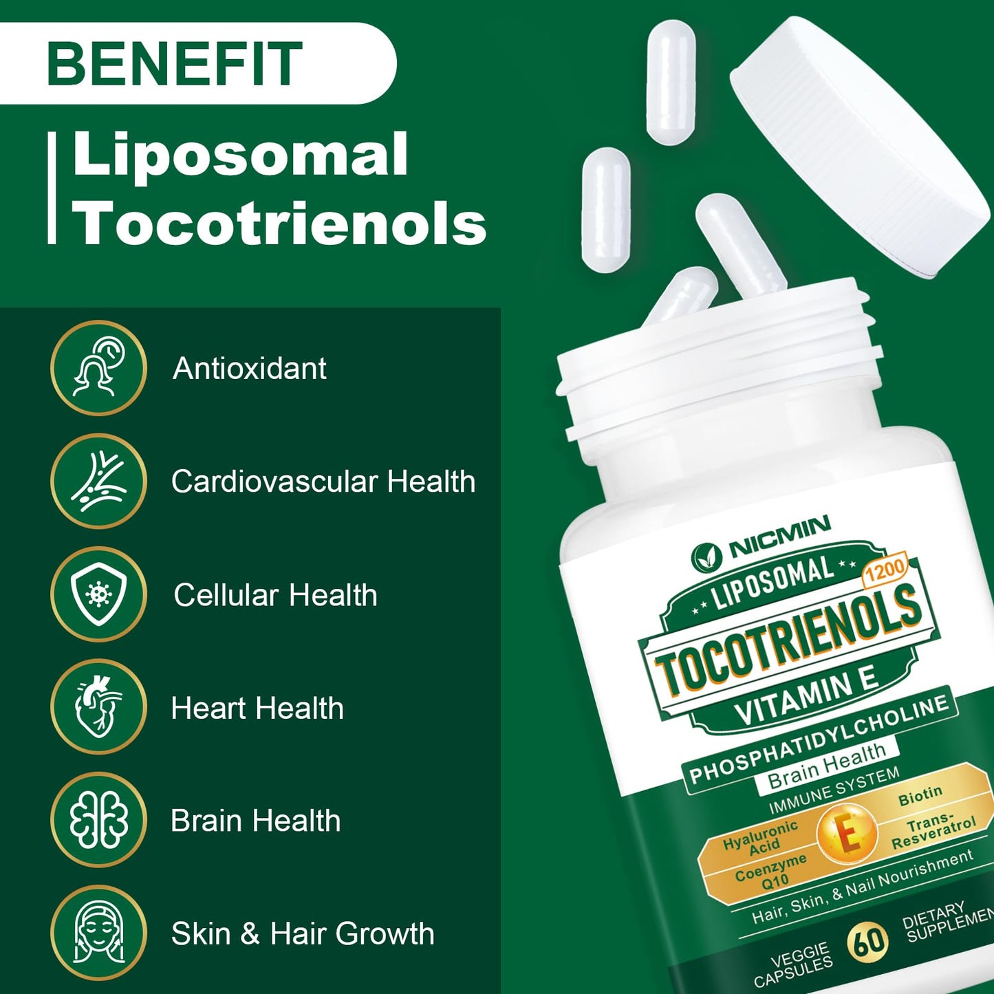 1200MG Vitamin E Tocotrienols Liposomal Tocotrienols Supplement with Phosphatidylcholine, 95% Delta-tocotrienols and 5% Gamma-tocotrienols, High Absorption for Heart, Brain Function 60 Capsules