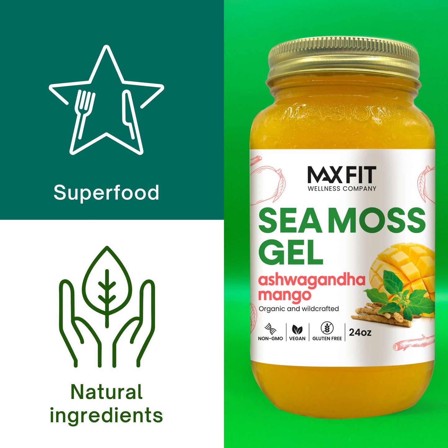 Sea Moss Gel Organic Raw (12 Flavors) 24oz Wildсrafted Gold Sea Moss Gel from Saint Lucia | 92 Vitamins and Minerals | Pure Raw+Non-GMO | Vegan Superfood