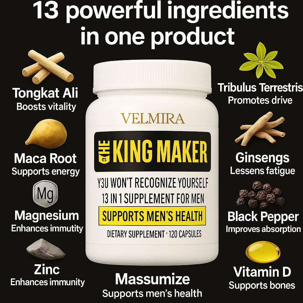 Velmira® King Maker Supplement for Men & Women 13-in-1.Sugar-Free.Energy Support.Muscle Recovery.Health Support- Zinc-Tongkat Ali-Maca-Magnesium-Vitamin D3.Supplement.120 Capsules-(1) kin.Pack of 1