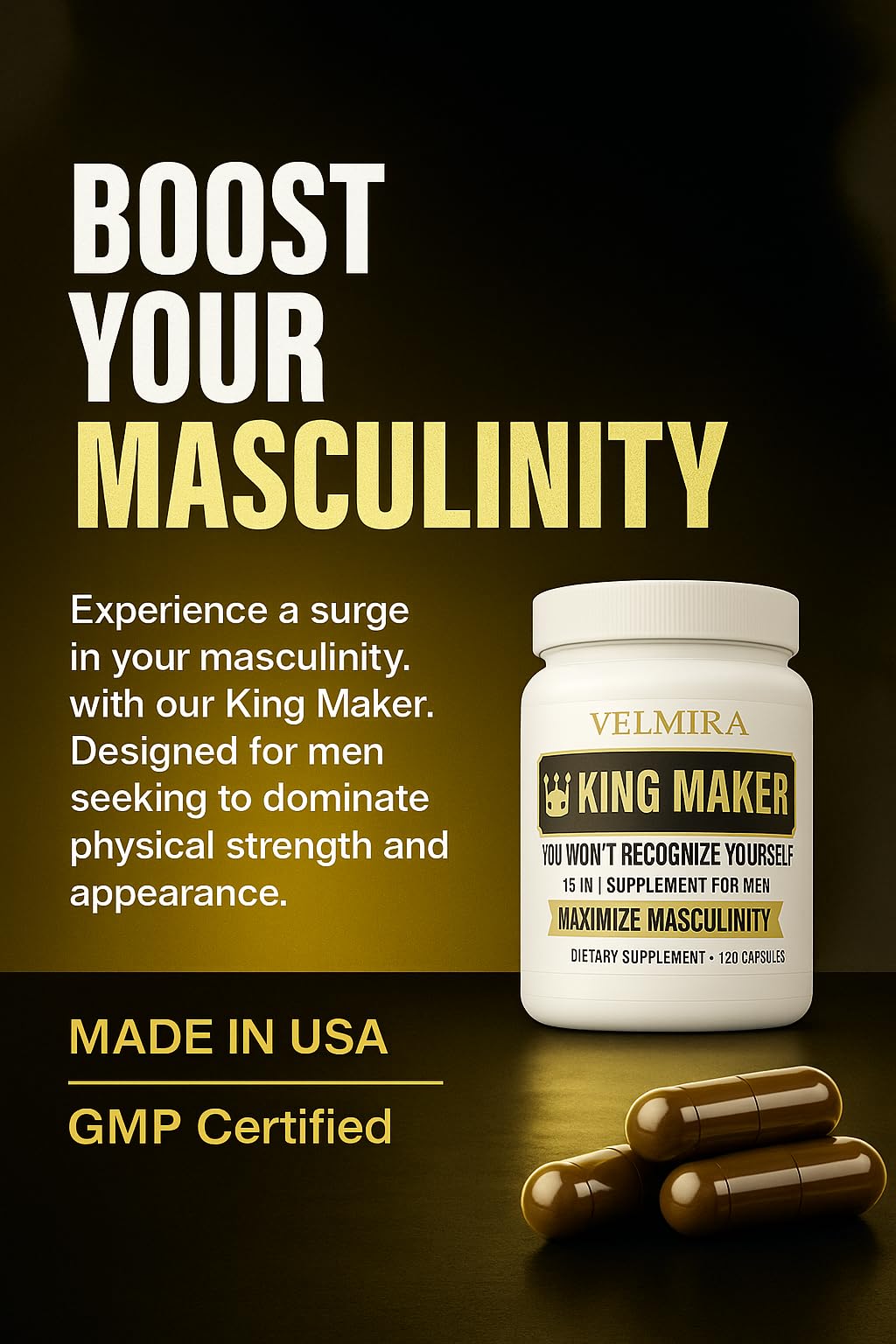 Velmira® King Maker Supplement for Men & Women 13-in-1.Sugar-Free.Energy Support.Muscle Recovery.Health Support- Zinc-Tongkat Ali-Maca-Magnesium-Vitamin D3.Supplement.120 Capsules-(1) kin.Pack of 1