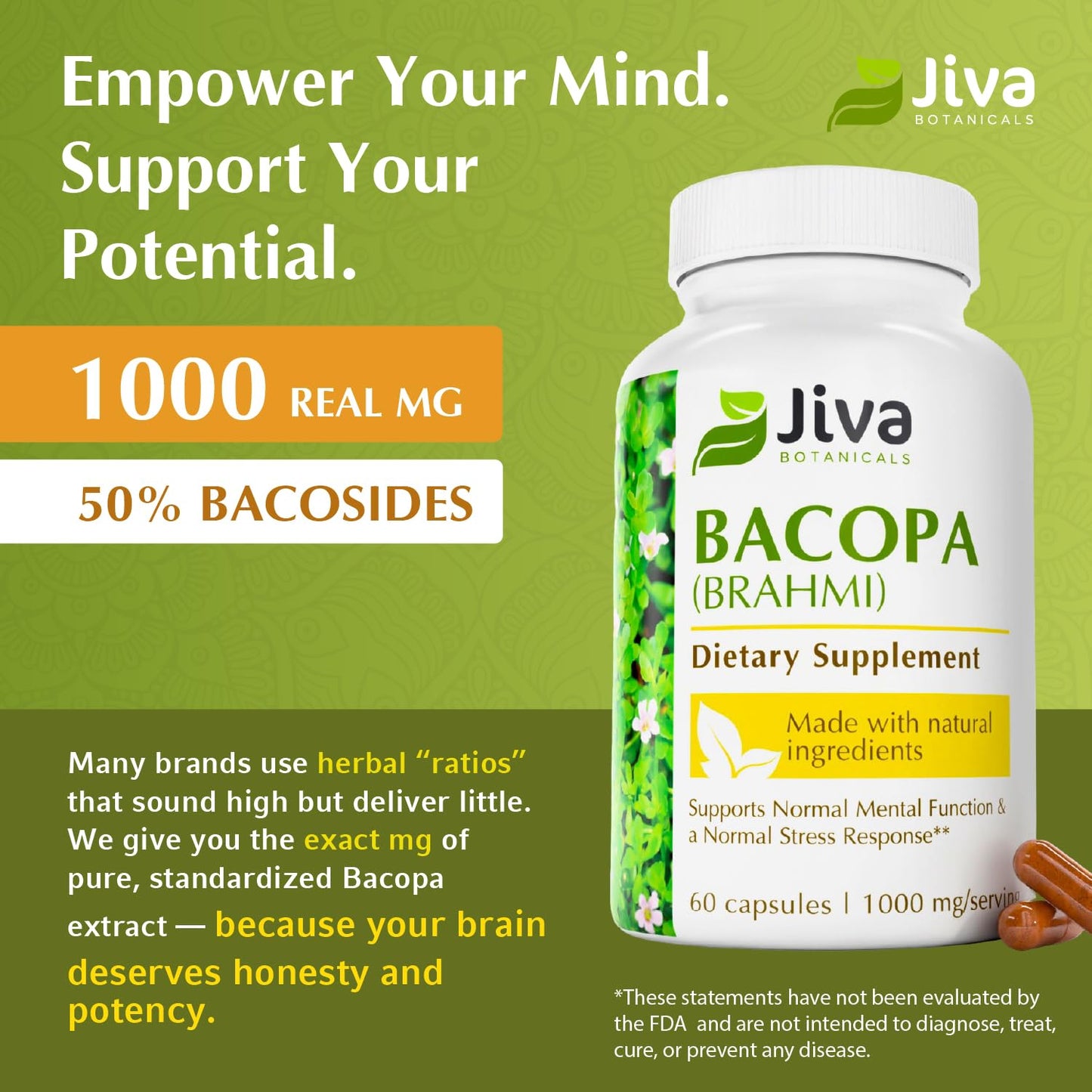 Bacopa Monnieri Brain Boosting Herb 🧠 Pure 1000mg per Serving - High Potency Bacopa Monnieri (Brahmi) Decalcify & Activate Pineal Gland 👁️ Memory Support - Ayurvedic Herbs - 60 Capsules